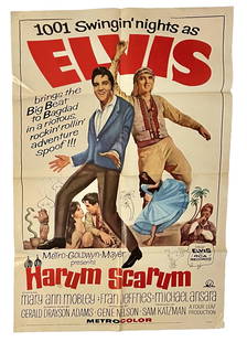 Original Harum Scarum Elvis Presley One Sheet: Harum Scarum , MGM, 1965. One Sheet, 27 X 41. Elvis Presley. Starring Elvis Presley, Mary Ann Mobley, Fran Jeffries and Michael Ansara. Directed by Gene Nelson. This is an unrestored poster with a nic