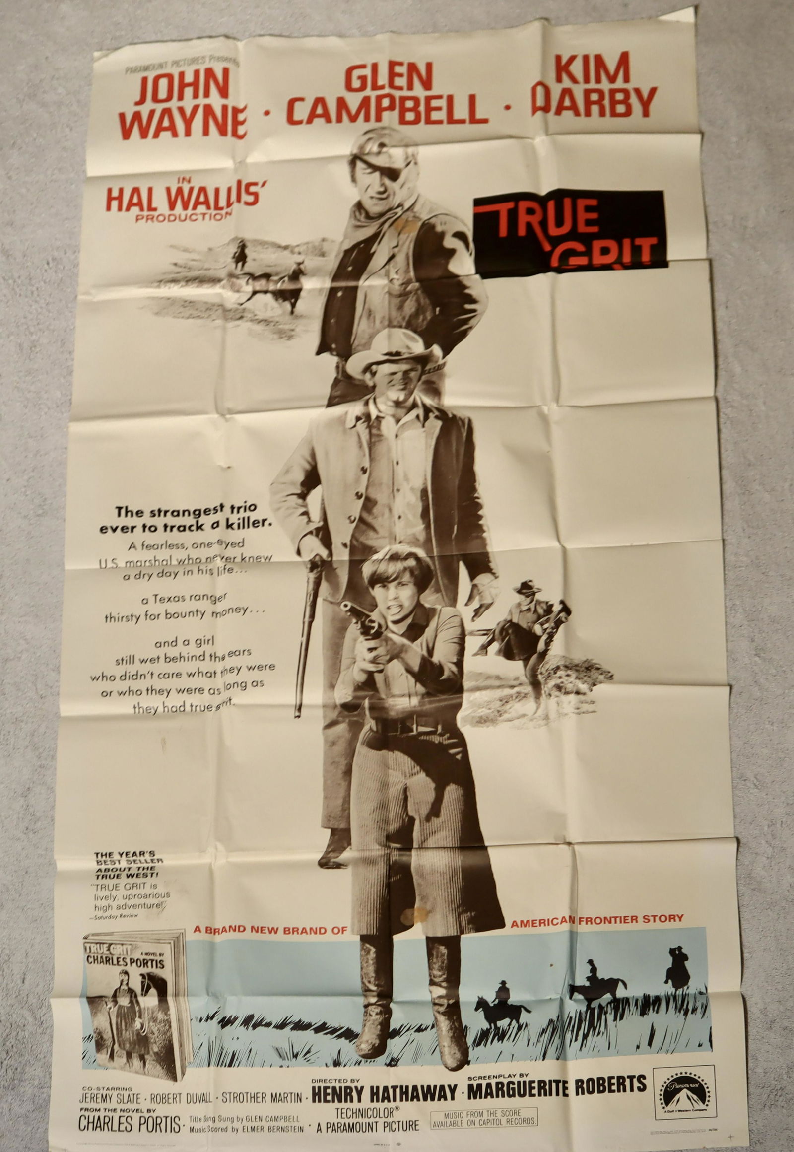 Original True Grit Three Sheet Movie Poster: True Grit - Paramount, -. Three Sheet 41 X 77. Western. Starring John Wayne, Glen Campbell, Kim Darby, Jeremy Slate, Robert Duvall, Dennis Hopper, Alfred Ryder, Strother Martin, Jeff Corey, and John F