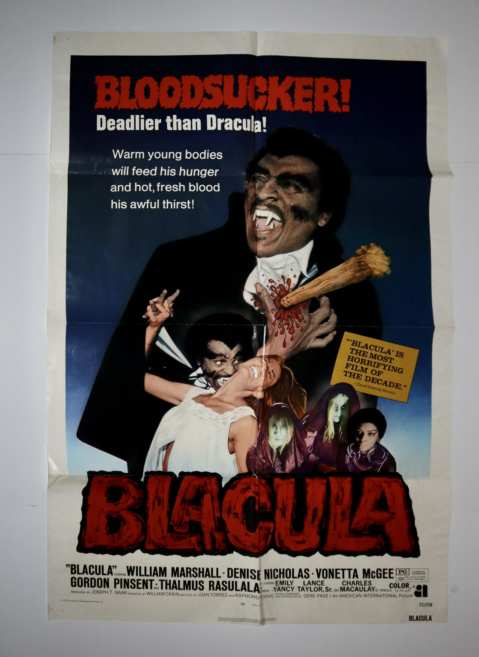 Original Blacula One Sheet Movie Poster: Blacula -American International, 1972. Folded, One Sheet 27 X 41 Blaxploitation. Starring William Marshall, Denise Nicholas, Vonetta McGee, Gordon Pinsent, Thalmus Rasulala, Emily Yancy, Lance Taylor