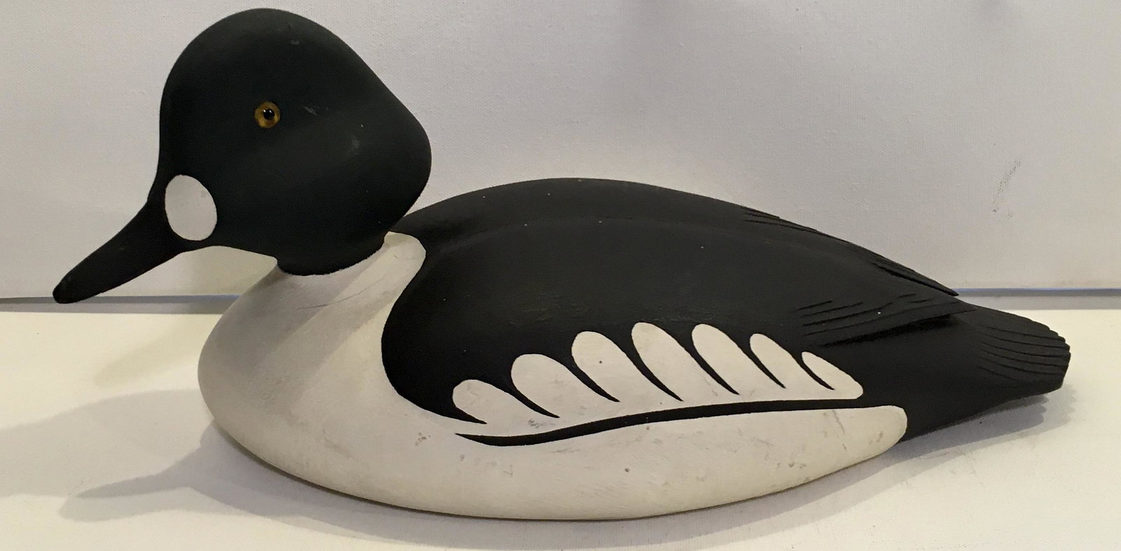 Rare Barrow's Goldeneye by J. McKay: A 13 1/2 inch decoy by J. McKay from Mactaquac, New Brunswick, Canada. Incised signature and dated 1982 on the bottom Original paint with minor wear.