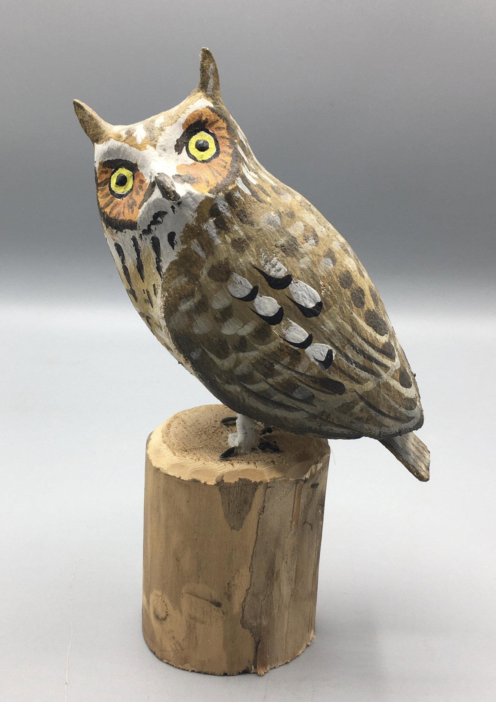 Miniature Owl by Peter Peltz: A 5 inch miniature Great-horned Owl carving by Peter Peltz (1915-2001), Sandwich, MA, Cape Cod. Owl carvings are among the rarest of Peter's bird carvings.In original paint with minimal wear.