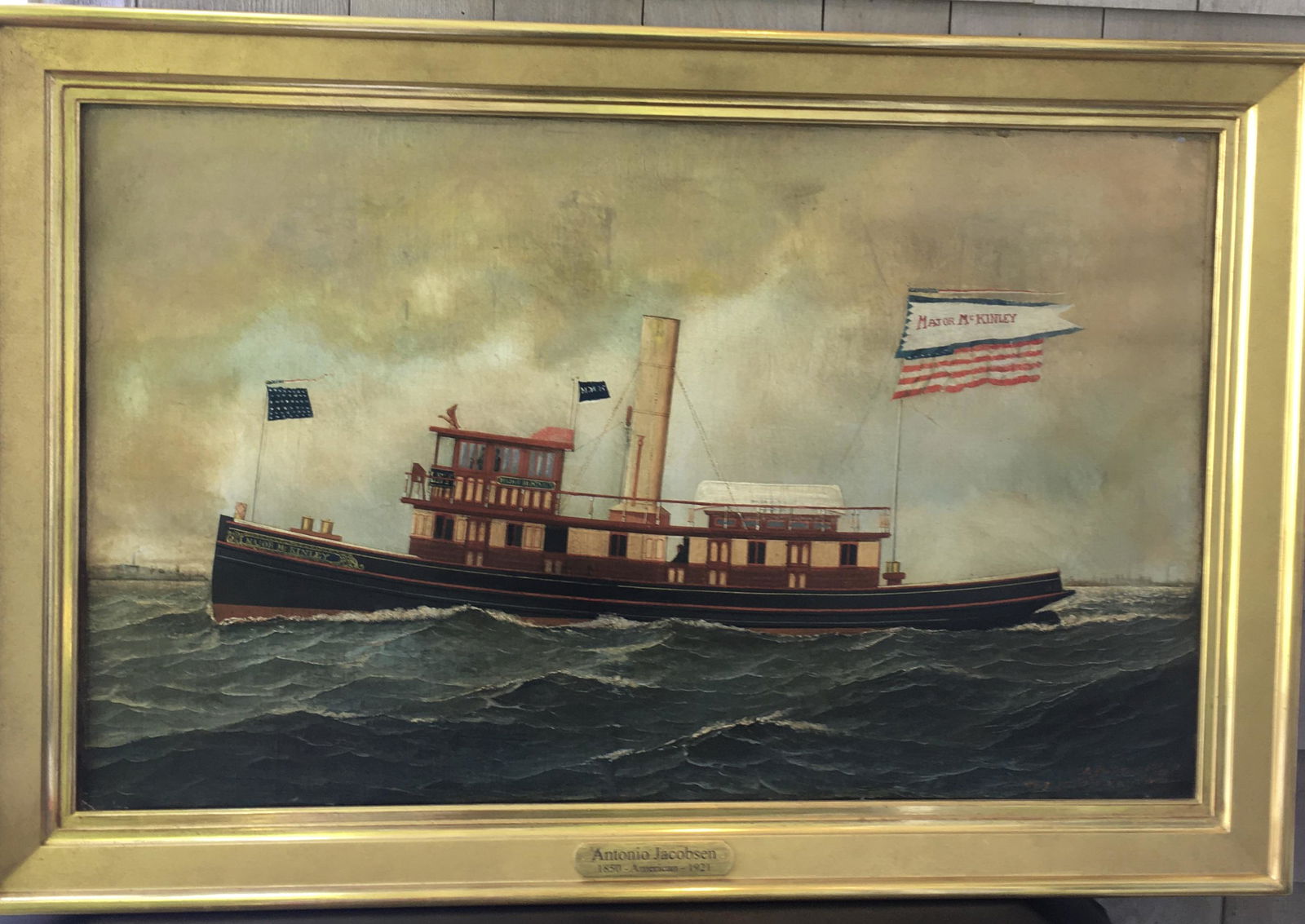 Tugboat "Major McKinley" by Antonio Jacobsen: A 22 by 36 inch, 1897, oil painting of a tugboat by Antonio Jacobsen, Hoboken, NJ. A wonderfully detailed painting of this vessel, signed and dated in the lower right corner. The subject of the painti