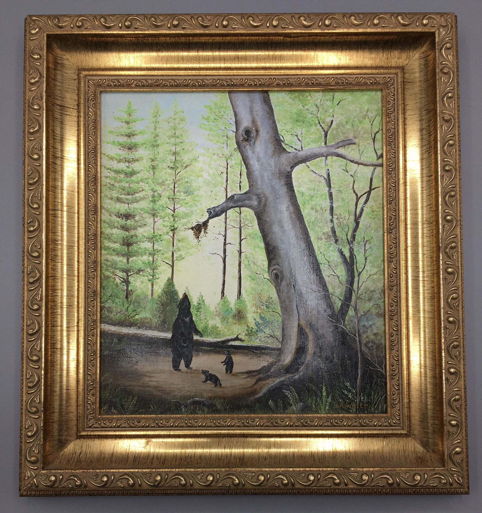 "Bear and Cubs" Painting by Alvin A. White: A 9 by 8 inch oil painting on board of a mother bear and cubs, looking at bees and their hive, signed "A. A. White"in the lower right hand corner. Al was one of the most talented artist / craftsmen I