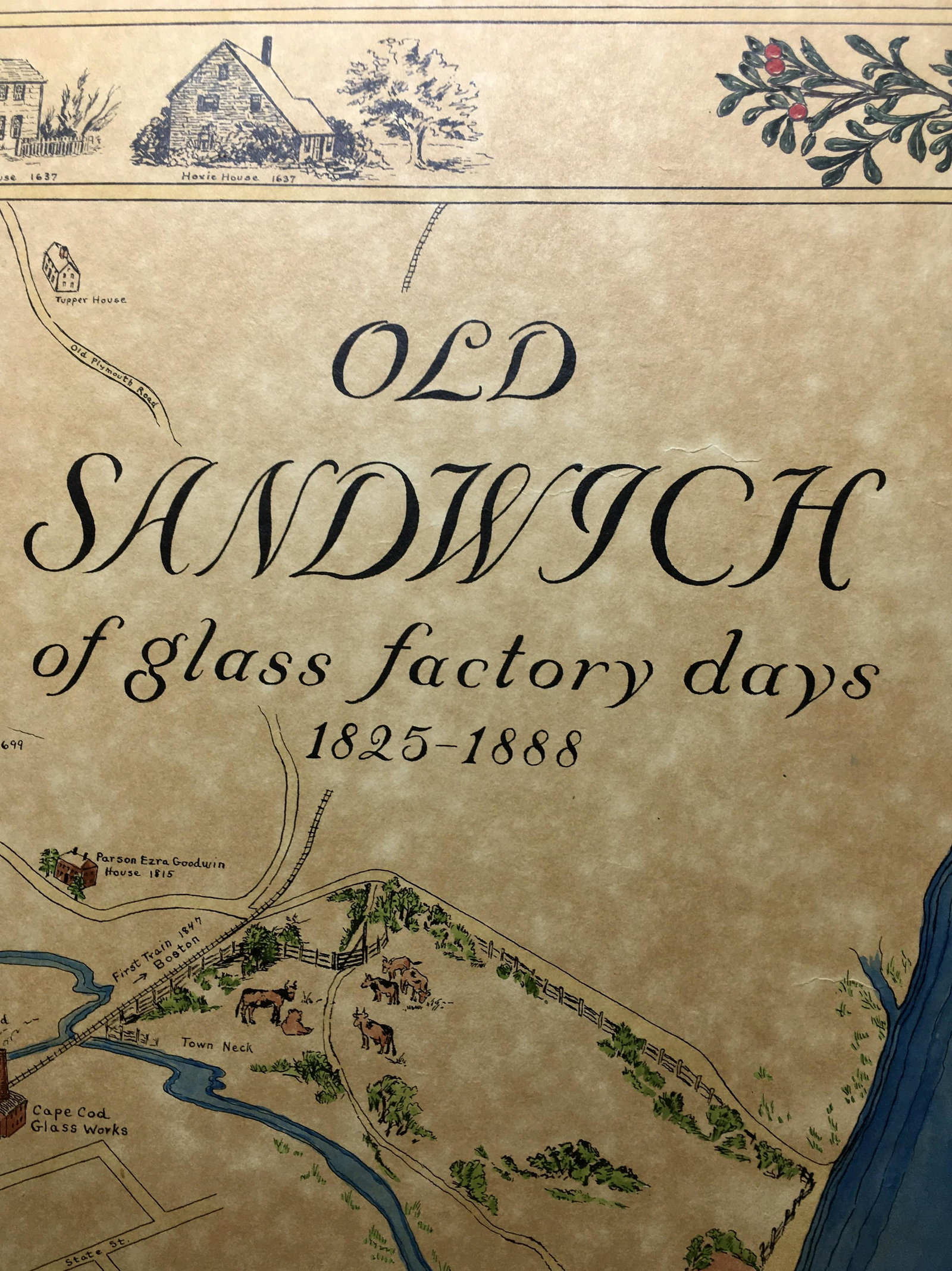 Hand Colored 1939 Print of Sandwich, MA by Jenny Jones: A 23 by 28 1/4 inch hand colored print by June Bradford Jones entitled "Old Sandwich fo glass factory days, 1825-1888." "Jenny' as she preferred to be called - started this art project in 1939.