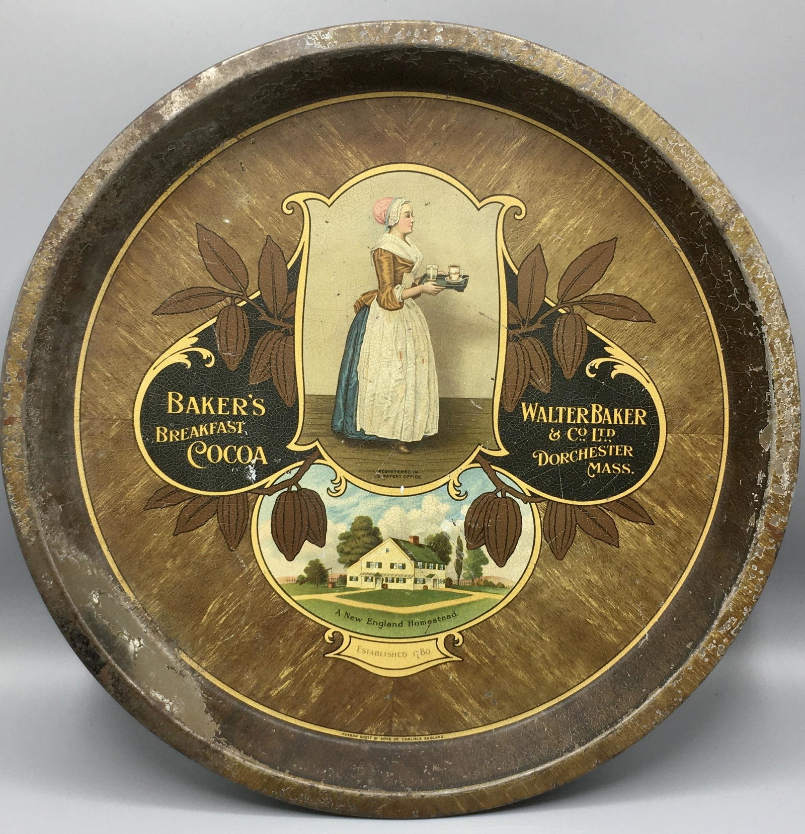 Walter Baker Chocolate Tray: A 12 1/4 by 1 inch metal tray advertising the Walter Baker Chocolate Company of Milton, MA Condition as found