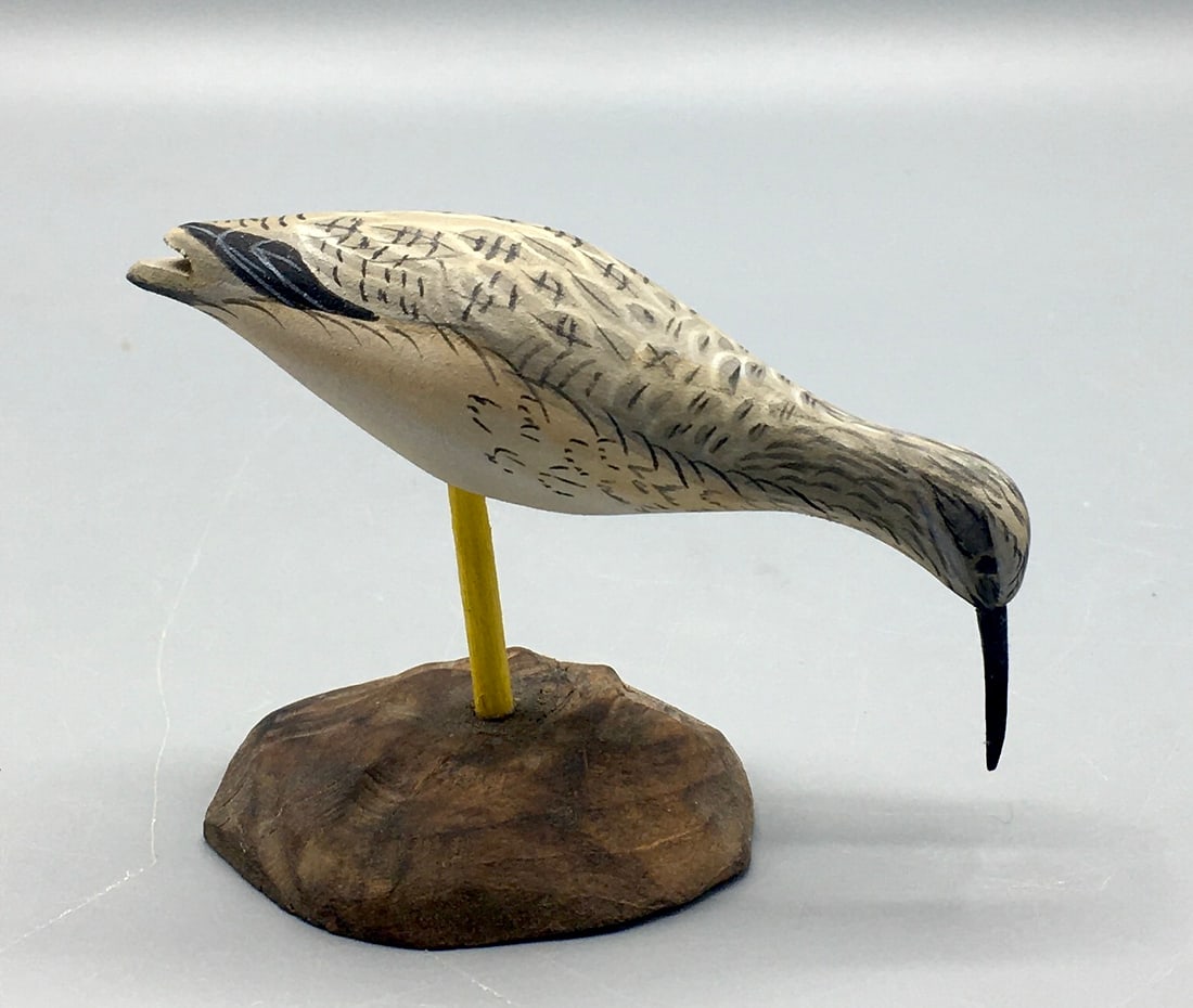 Early Miniature Yellowlegs by Steve Weaver: A 3 1/2 inch feeding Greater Yellowlegs by Steve Weaver (b.1950), Sandwich, Cape Cod, MA. Signed on the bottom of the base by the maker. Original paint and condition.