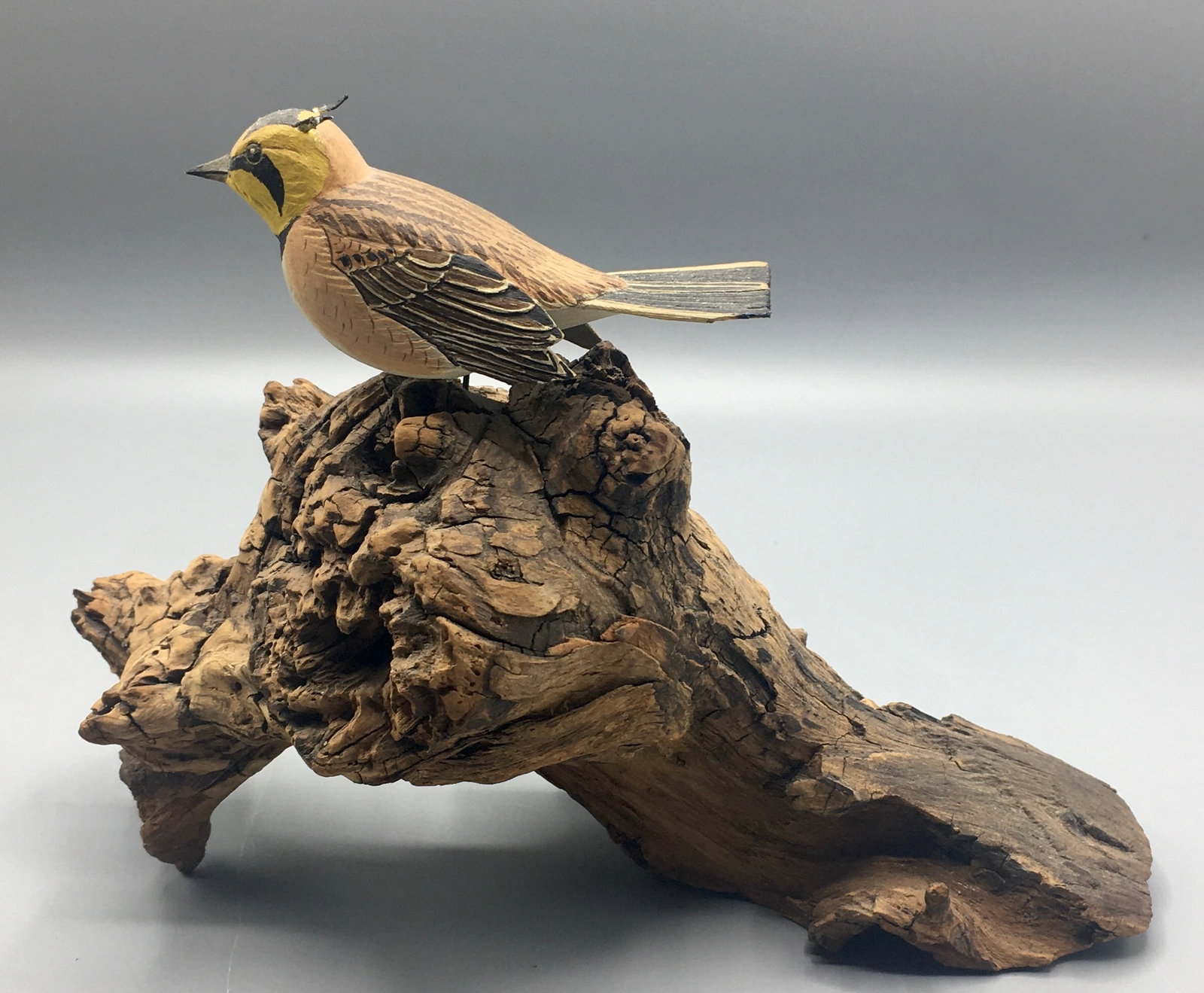Miniature Horned Lark by Strong: A 3 1/2 inch miniature Horned Lark carving by Helen Lay Strong (1915-1995), Seneca Lake, NY. Signed by the maker on the bottom of the base. Original paint with wear, small chip to one wing tip and one