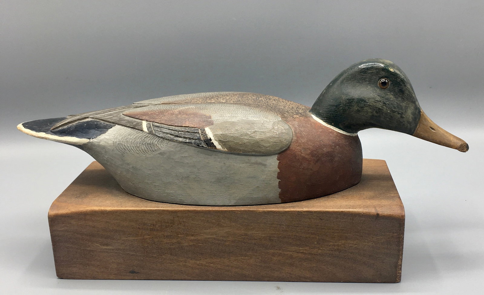 Two Thirds Size Mallard Drake by Dr. Hill: A 12 inch Mallard Drake on a wooden base by Dr. Lewis Webb Hill (1889-1968), Boston, MA. Signed with his small oval signature stamp on the top of the base. Original paint with minor wear to one side o