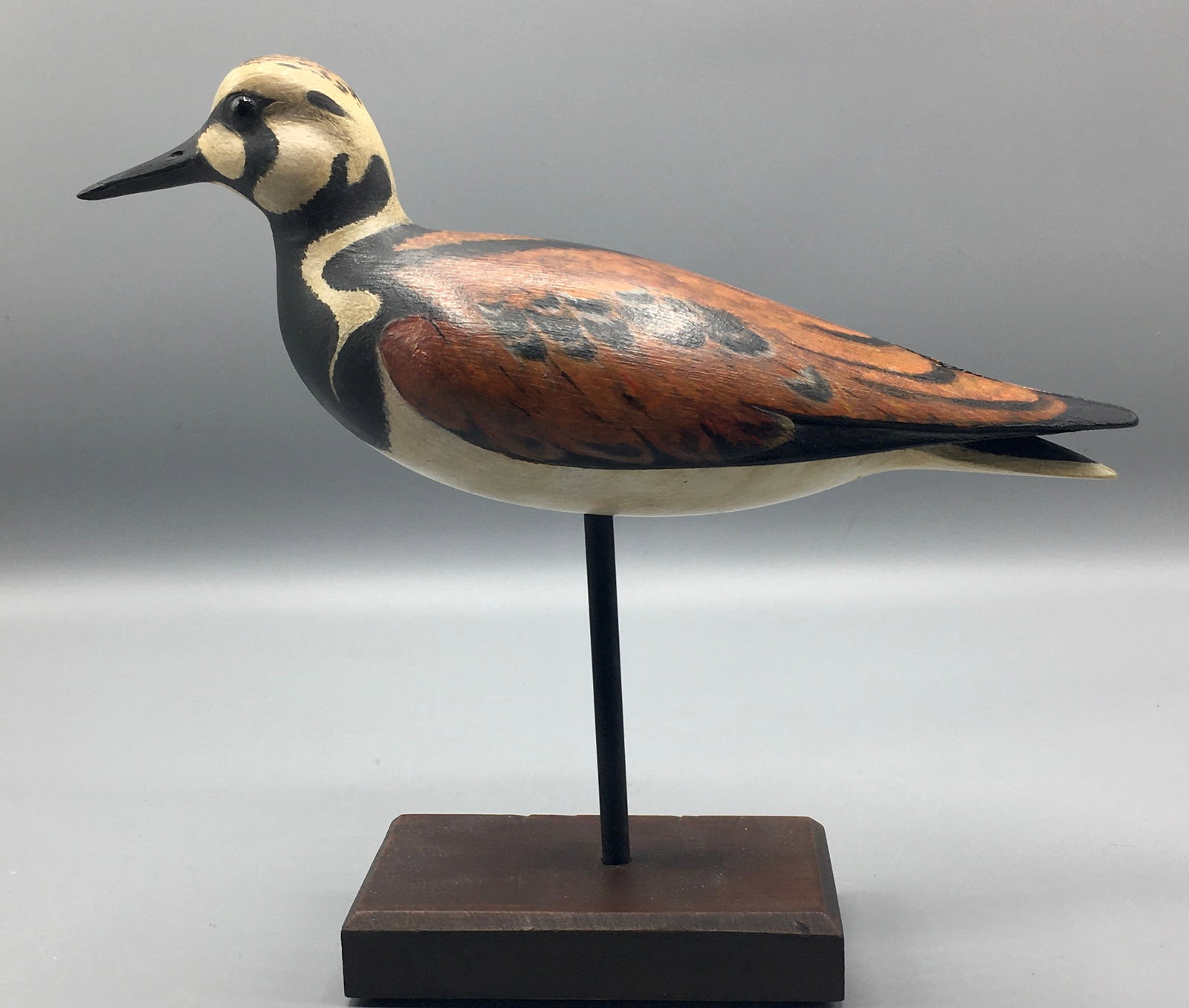 Life Size Ruddy Turnstone by William Gibian: A 9 3/4 inch Ruddy Turnstone Sandpiper decoy by William Gibian (b.1946), Onancock, VA. Signed with the maker's incised name on the underside. Original paint and condition.