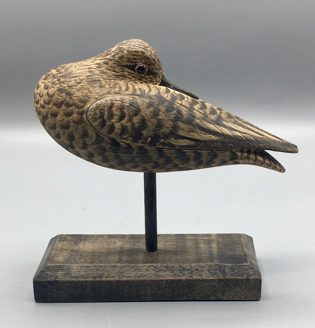 Sleeping Peep by Marty Collins: A 5 1/2 inch Sandpiper in a preening or sleeping posture by Martin D. Collins (b. 1960) East Bridgewater / Wareham, MA. Signed with the maker's incised initials on the underside. Original paint and co