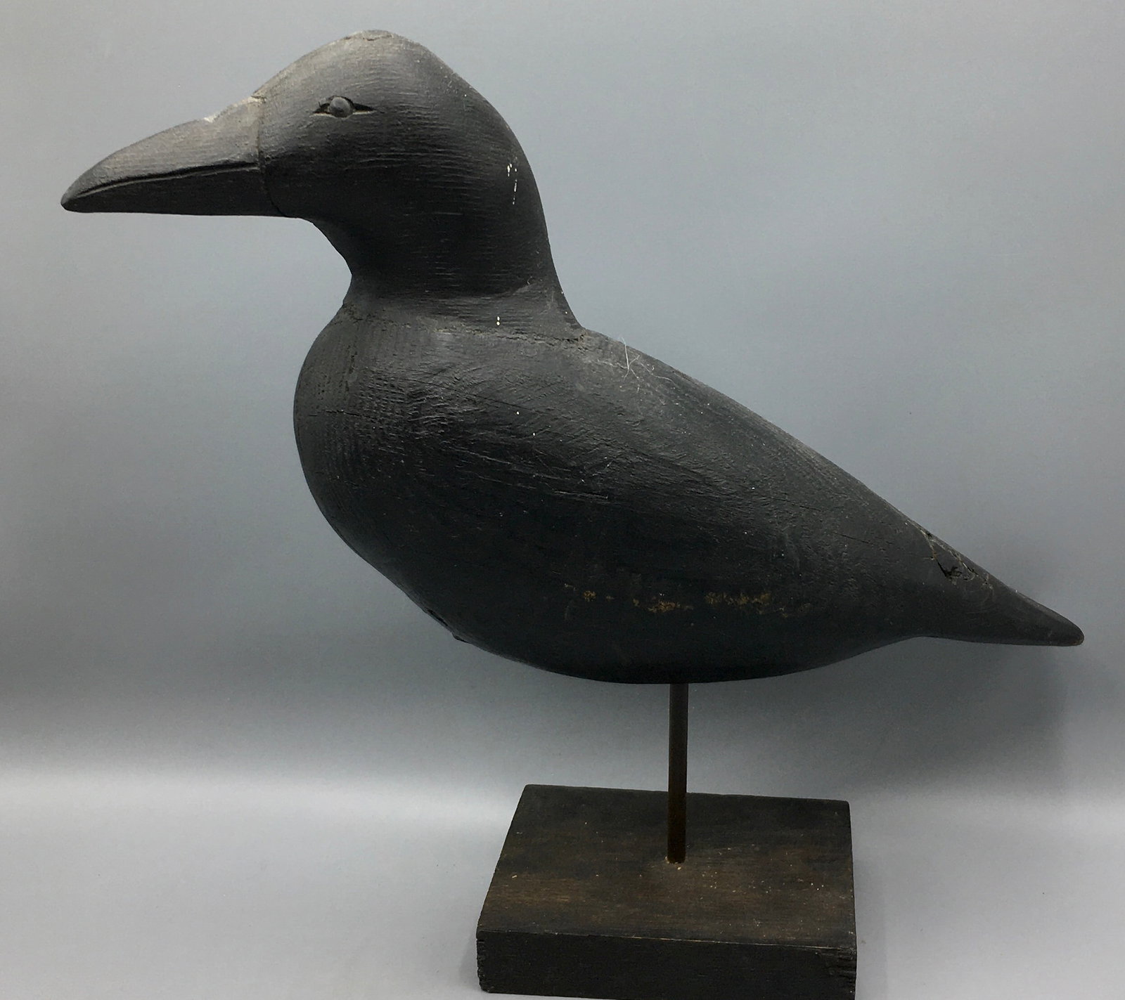 Crow Decoy: A 15 inch wooden Crow decoy, unsigned Old paint with wear and several tight age cracks