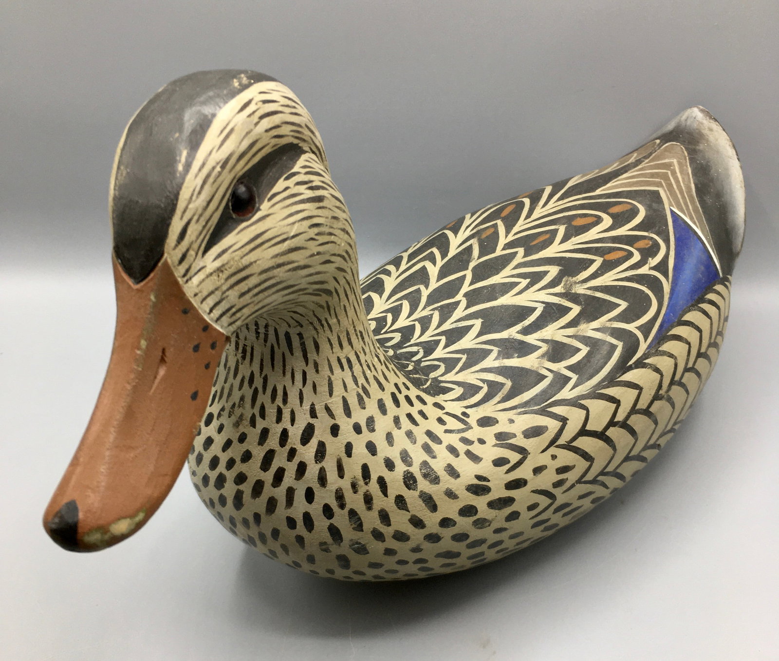 Mallard Hen by Barry Chauvin: A 14 3/4 inch Mallard Hen by Barry Chauvin, Larose, LA, signed with his brand on the underside. Original paint with minor wear.