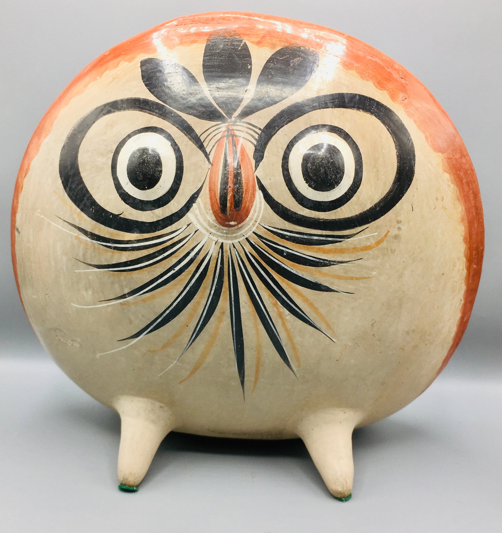 Tonala Folk Art Pottery Owl from Mexico: A 14 inch hand-crafted, hand-painted pottery owl. Determine condition from the photographs.