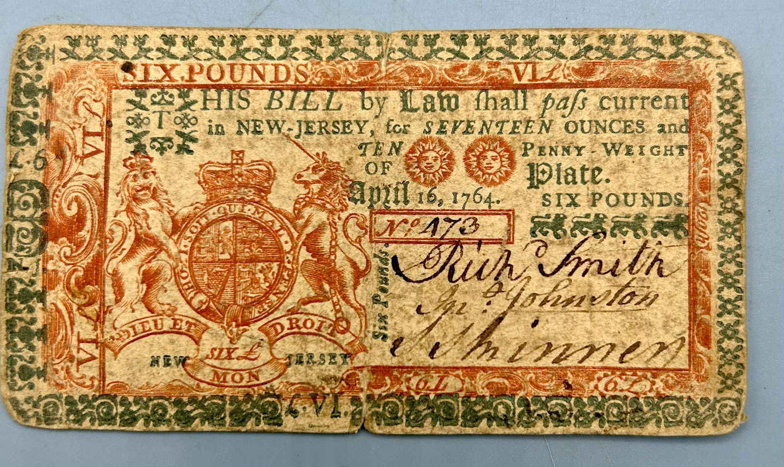 Colonial Currency NJ, April 17, 1764, Six Pounds (1 of 2)