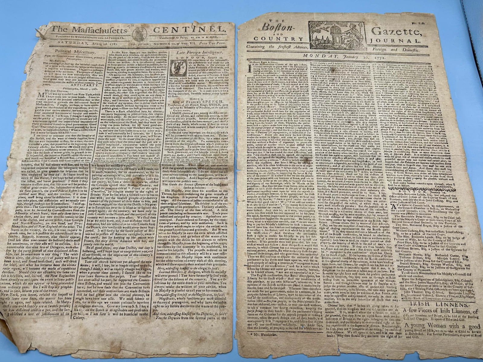 MA Centinel Newspaper 1787 and Boston Gazette 1772 (1 of 3)