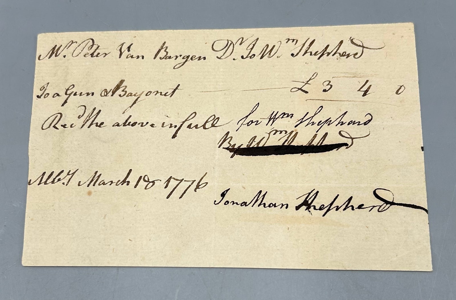 1776 Receipt for a Gun and Bayonet: Receipt for a gun and bayonet involving Peter Van Bergen, William Shephard and Jonathan Shephard, during the American Revolution. As found- with expected wear for its age.