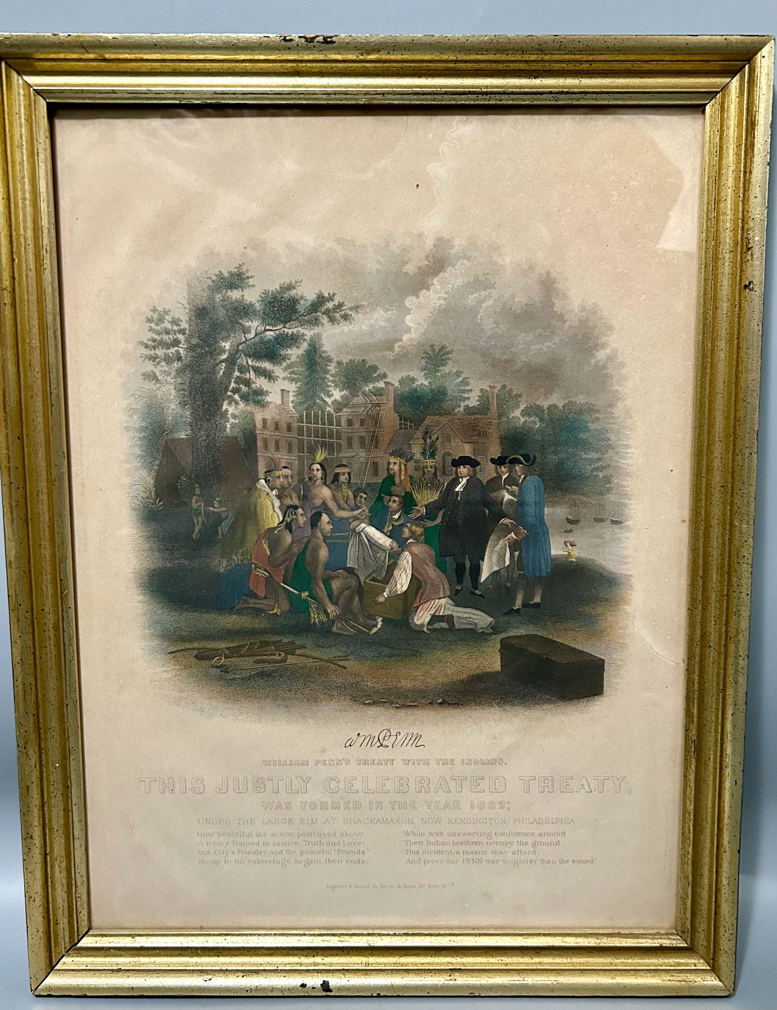 William Penn's Treaty with the Indians: 15 1/2 by 11 1/2 (sight) inches after Benjamin West, engraved and printed by Alman & Sons Frame is 17 3/4 by 13 3/4 inches