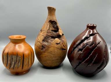 Two Turned Burl Wood Vases and a Turned Object