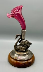 A Silver-Plated Swan Cranberry Glass Epergne