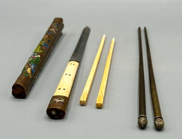 Two Hashi or Chop Stick Sets- Early Metal and Bone