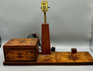 A Wooden Marquetry Decorated Lamp & Desk Box