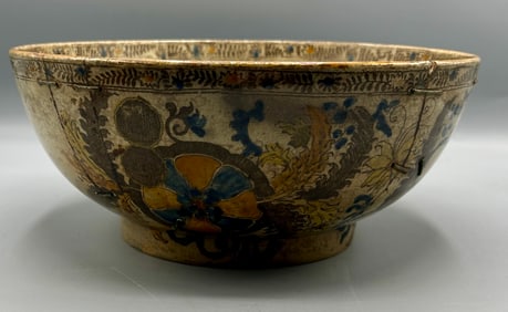 Very Old Floral & Fauna Decorated Pottery Bowl