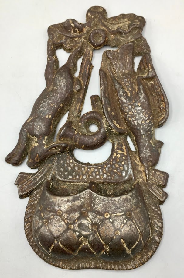 Cast Iron Hunting Motif Match Safe: 8 1/2" x 5" cast iron game motif match safe as found