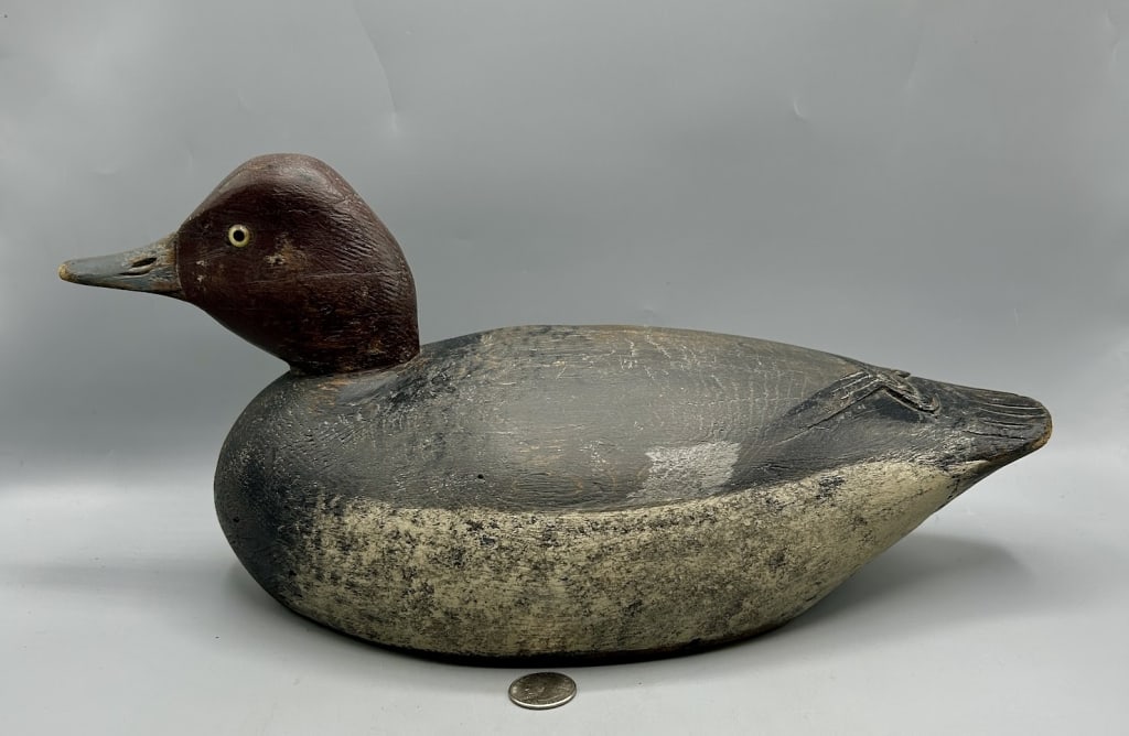 Early Redhead Drake Decoy by A. Elmer Crowell: A 15 1/2 inch finest grade Redhead drake decoy by A. Elmer Crowell (1862-1952), East Harwich, Cape Cod, MA , signed with the maker's oval brand. The bottom also displays a faint William J. Mackey Jr.