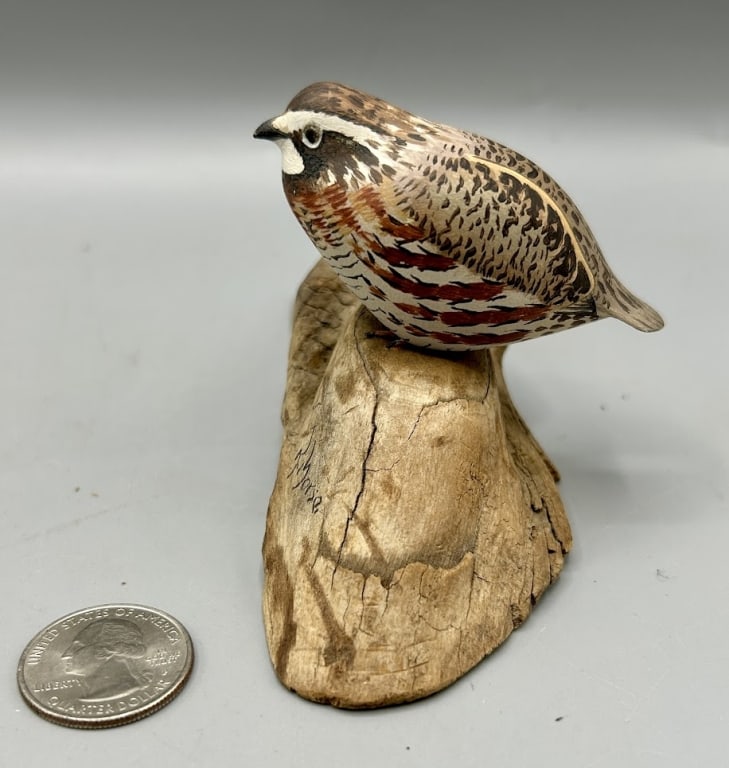 Fine Miniature Bob-White Quail by Robert Morse: A 3 3/4 inch miniature resting Bob-whits Quail by Robert Morse (1920-1960), Ellsworth, ME, signed "R. Morse" on the front of the base. In original paint and condition.