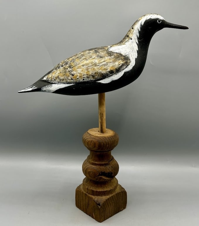 Antique Golden Plover Shorebird Decoy: An old life size Golden Plover decoy, restored by Roger Mitchell, an award winning carver and restorer. In restored paint with minor wear.