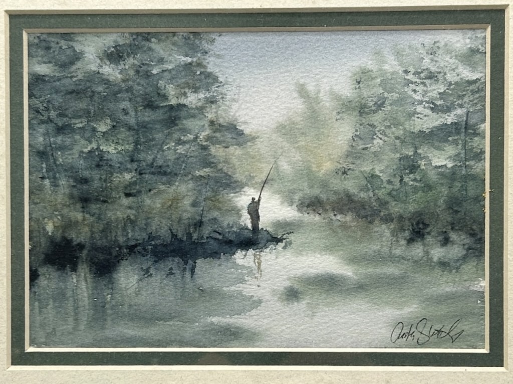 Watercolor Fishing Painting by Tony Stetzko: A 6 1/4 by 9 1/4 inch watercolor painting on paper by Anton (Tony) Stetzko (1950-2015), Cape Cod, MA. Tony was a fishing legend on the Cape, a world class surf caster, who cast far enough to catch a W