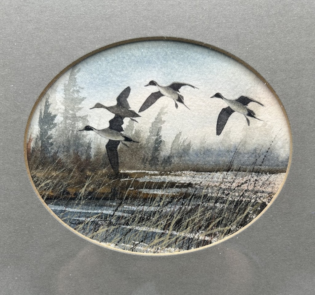 Rare Miniature Painting by David Hagerbaumer: A 4 by 5 inch painting of Pintails in Flight by David Hagerbaumer (1921-2014), signed lower right. Frame is 12 3/4 by 13 3/4 inches