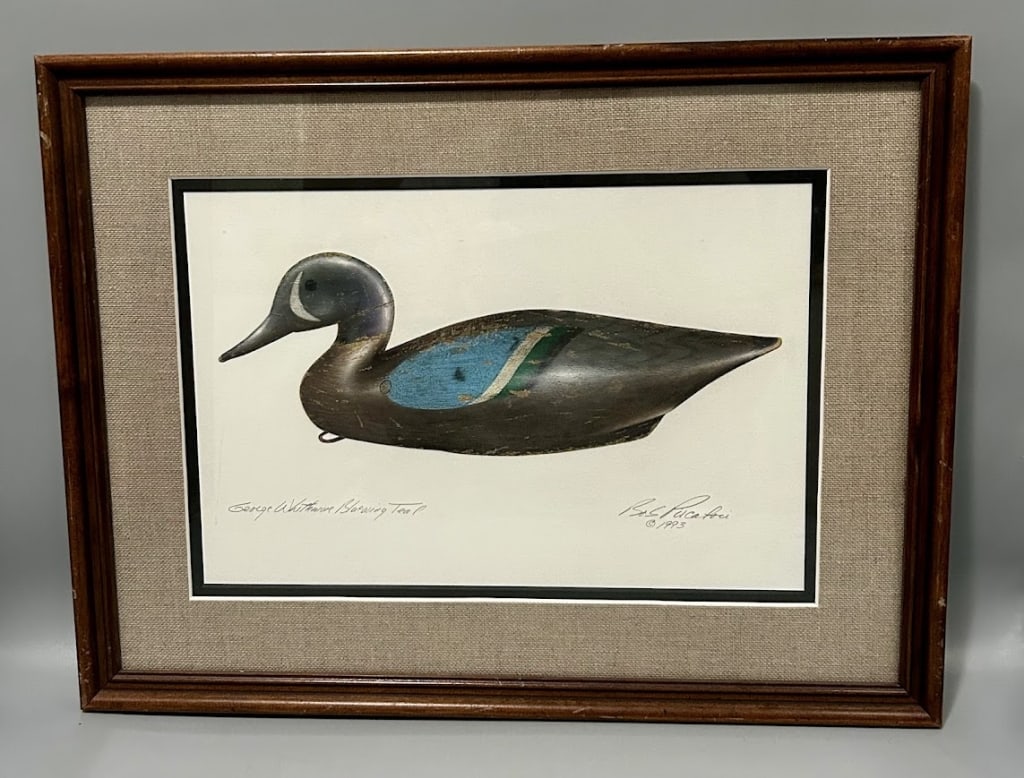 Blue-Winged Teal Drake Painting by Bob Piscatori: An 8 by 12 inch painting by Robert Piscatori (b. 1946), Taunton, MA, signed and dated 1993 in the lower right corner. Noted on the back: In 1993, this painting received an honorable mention in the Mas