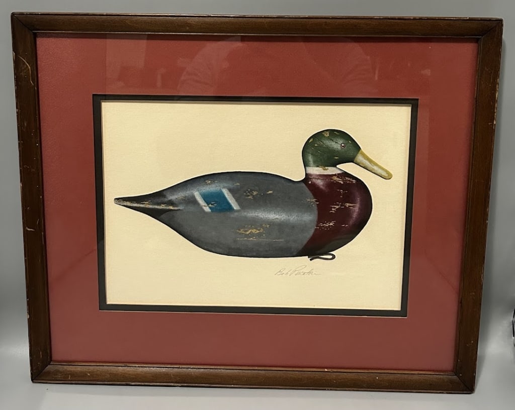 Cohasset Mallard Decoy Painting by Bob Piscatori: An 8 by 12 inch painting by Robert Piscatori (b. 1946), Taunton, MA, signed in the lower right corner.This painting was entered in the Massachusetts Duck Stamp competition. Bob has won this prestigous