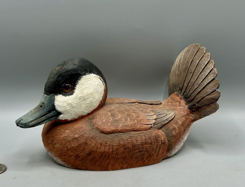 Rare Ruddy Duck Decoy by Stan Sparre: An 8 inch Ruddy Duck decoy by Stan Sparre (1923-2011), East Falmouth, Cape Cod, MA, signed by the maker on the bottom. Original paint and condition.