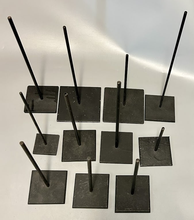 Eleven Welded Steel Shorebird Stands: Eleven welded steel stick-up shorebird decoy stands. In used - as found condition.