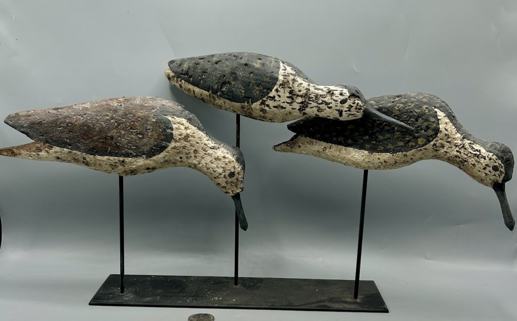 Rare Cork Shorebirds from Long Island, NY: Three 9 1/2 inch cork feeding shorebirds from Long Island, NY. In original paint with wear.