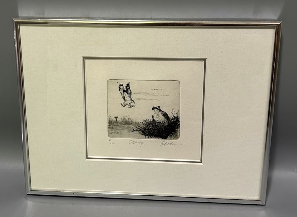 Etching of Ospreys by Evelyn Rhodes: A 3 by 3 1/2 inch - titled "Osprey" by Evelyn Rhodes from Jamestown, RI, signed in the lower right. In good condition.