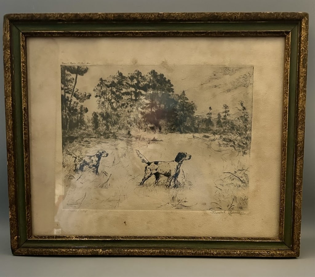 "Bill's Covey" Etching by Percival Rousseau: An 8 by 10 inch signed etching by Percival Rousseau {1859-1937), American, signed lower right. Frame is 12 1/2 by 15 1/2 inches. In- as found -condition.