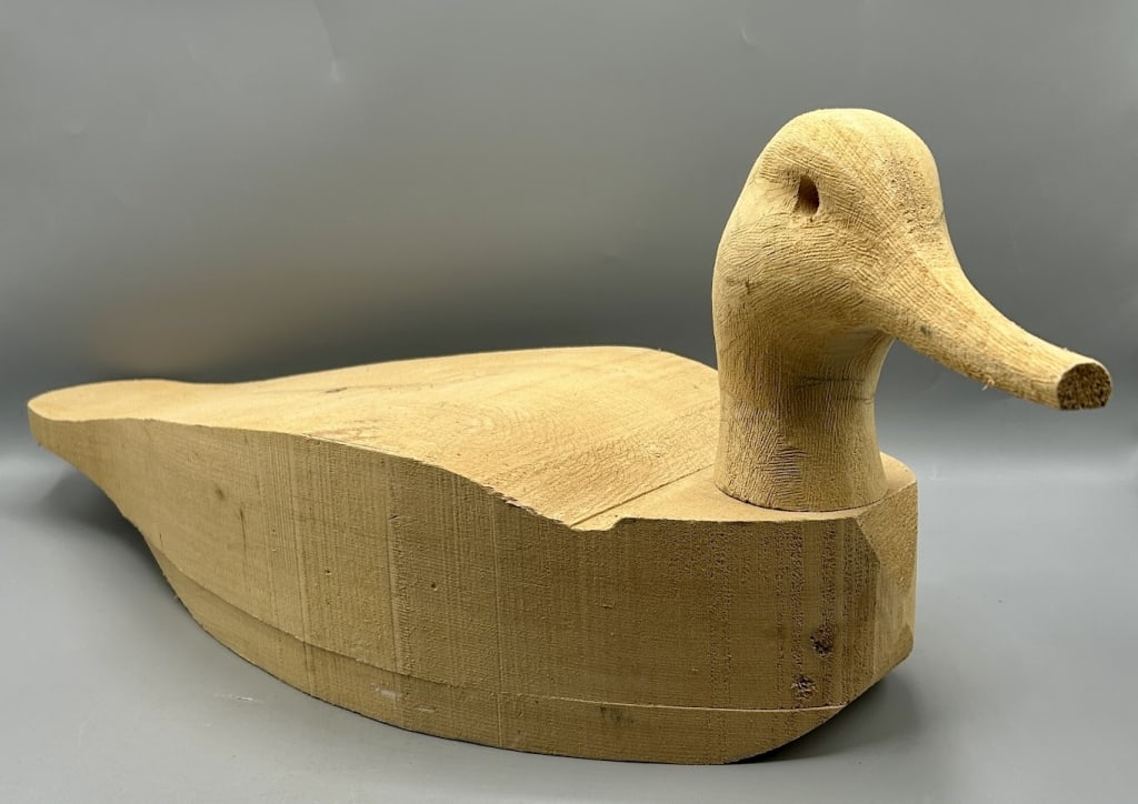 Three Unfinished Decoys and Patterns by Mueller: Three unfinished life-size decoys - cut out by Keith Mueller of Killingworth, CT with some hand-drawn decoy patterns. As found.