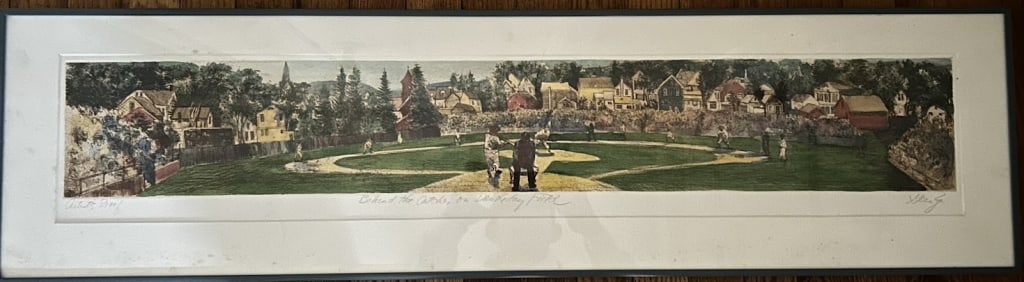 Panoramic Etching Of Doubleday Field by D. Geurtze: A 6 by 35 inch panoramic etching of a painting of historic Doubleday Field in Cooperstown, NY, by Deborah Geurtze, in a 10 3/4 by 40 1/4 inch frame.