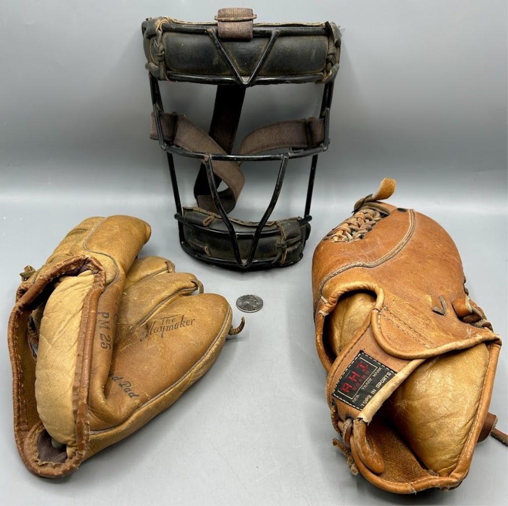 Two Vintage Baseball Gloves and a Catcher's Mask (1 of 3)