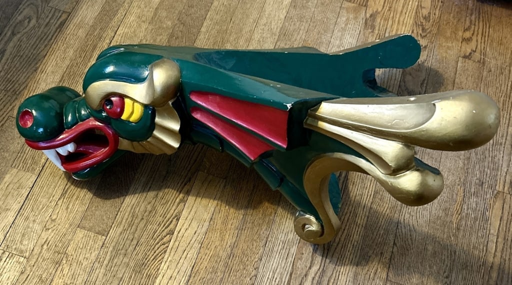 Carved Wooden Dragonhead Ship's Figurehead: A .22" long Carved wooden figurehead for the yacht "Dragon Lady."By Douglas Amidon (1944-2024) Sandwich, MA. Doug was a noted carver of wooden signs and folk art for many decades on the Upper Cape.