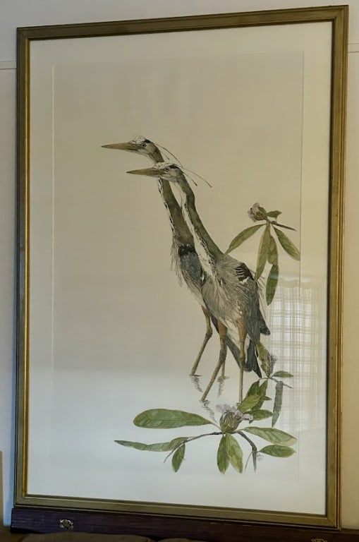 Large Artist's Proof of Great Blue Herons by Swan: A 37 by 23 inch artist's proof print 11 of 30 of two Great Blue Herons by John Swan (1948-2025), Portland, ME, signed J. Swan. Frame is 44 1/2 by 30 inches.