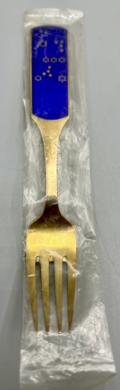 Danish Gilded Sterling Silver and Enamel Fork: A 6 inch gilded silver fork with enamel starry sky by the Anton Michelsen Co, (1841-1985), Copenhagen, Denmark. In 1985 the Company was acquired by the Georg Jensen Company. In good condition.