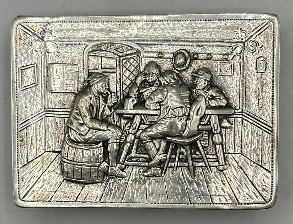 Danish Repousse Silver Box: A 4 1/4 by 3 by 1 inch repousse heavy silverplate "Early Tavern Scene" box. In good conditon,