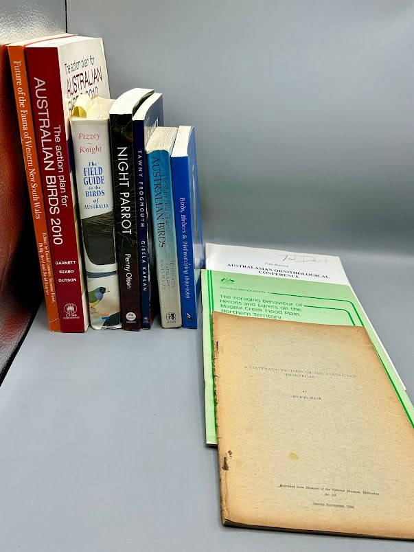 Books and Pamphlets from Prof. Davis: Future of the fauna of Western New South Wales-Editied by Daniel Lumney and others The Action Plan for Australian Birds 2010 by Garnett, Szabo, and Dutson The Field Guide to the Birds of Australia by