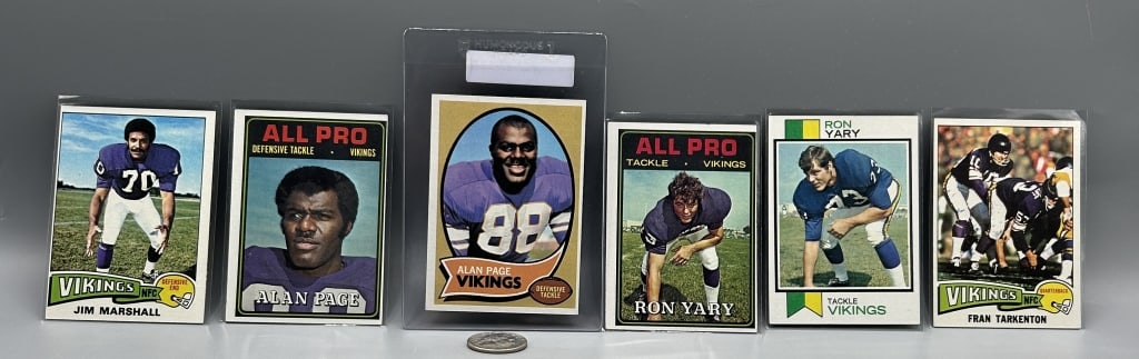 1970s Minnesota Vikings Football Cards: Twelve football cards- Alan Page Rookie card, Eller, Yary, Marshall and Tarkenton. Judge the grade yourself - this collection of cards have been well cared for.