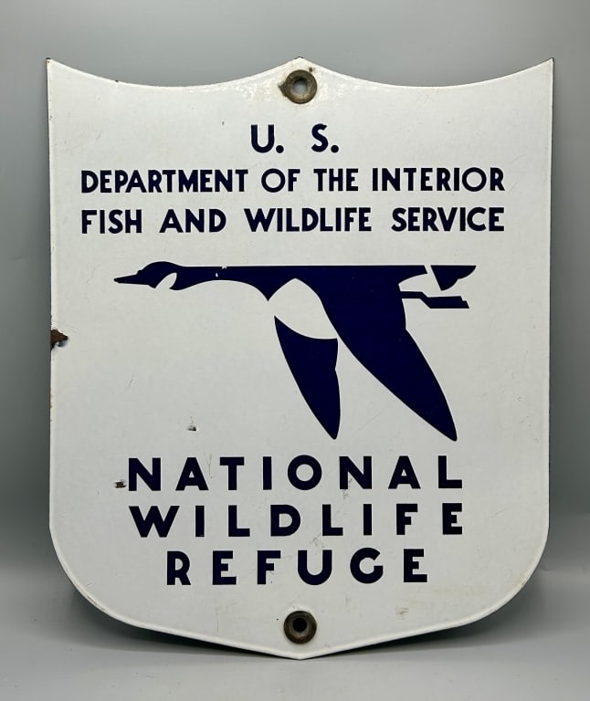 Two Old Interior Dept. Refuge Signs: A 15 1/2 by 13 inches porcelain on metal sign and a 14 by 11 inch metal sign. In good condition with wear expected for their age.