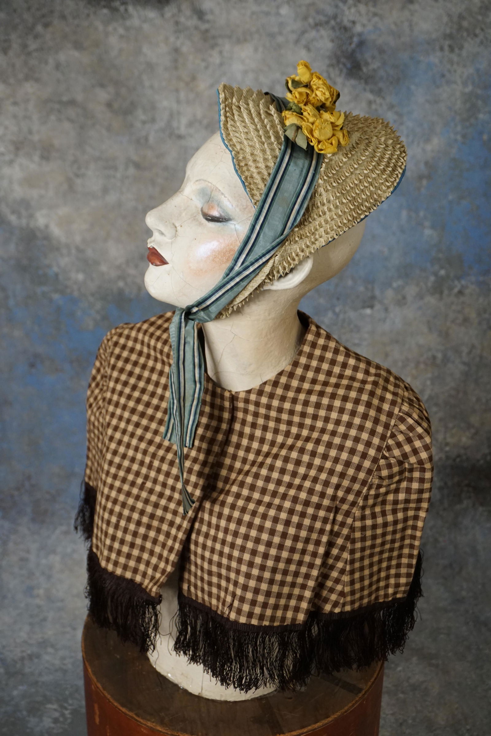 Antique 1860s bonnet and brown plaid capelet lot (1 of 10)